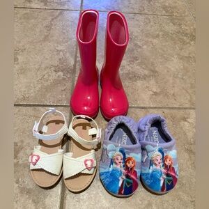 Girls Shoes size 8 Bundle (Carter’s sandals, Disney Frozen Slippers, Rainboots)